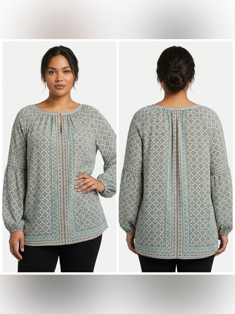 Max Studio London Boho Tile Print Keyhole Blouse Size 2X